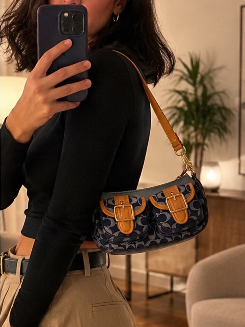 Coach Navy Signature Canvas Baguette Shoulder Bag with Tan Leather Buckles - Picture 2 of 16